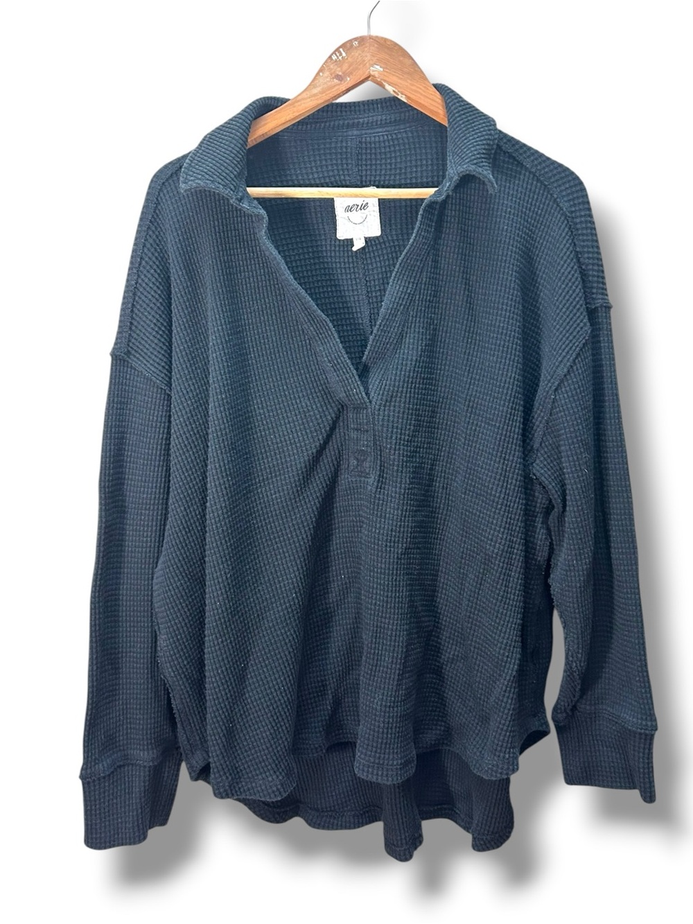 Aerie Black Waffleknit V Neck Collared Pullover Size Large
